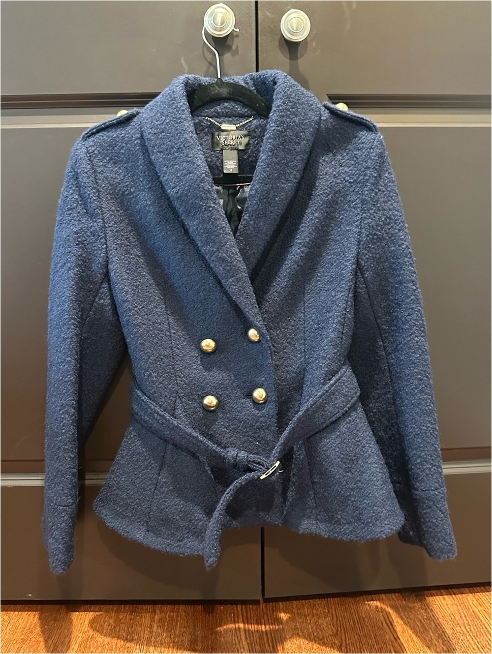 NWOT Victoria’s Secret Navy Wool Blend Belted Coat Gold Buttons